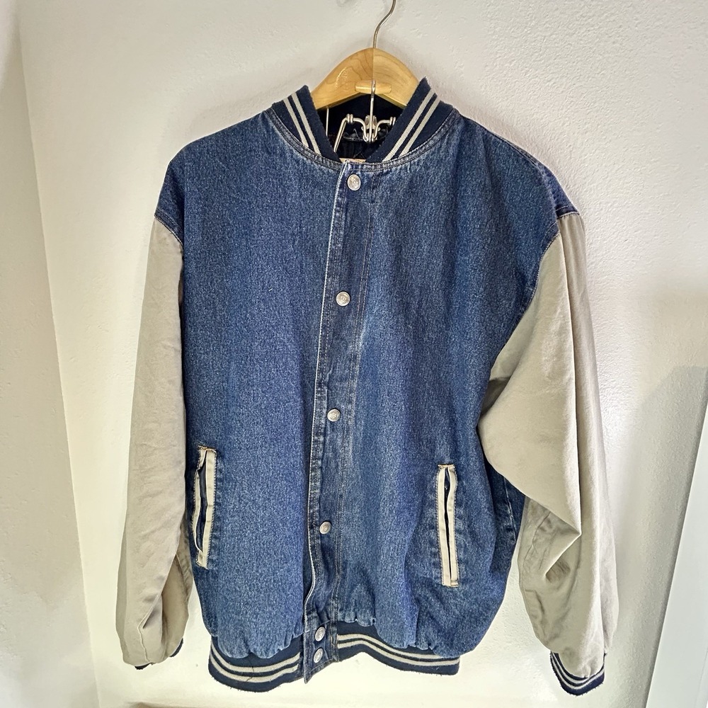 Vintage 90s US Military Jon Lauren Apparel Denim Varsity‎ Bomber Jacket L